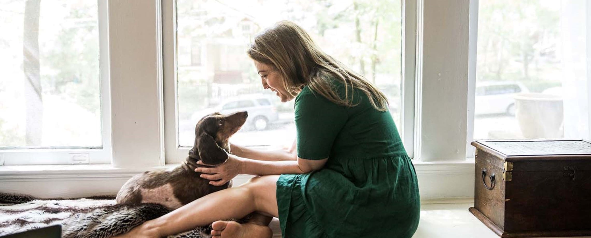 woman and dog on windowsill of house