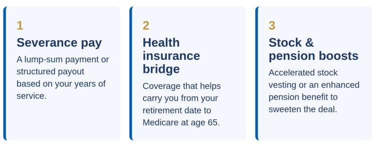 • Severance pay in the form of a lump-sum payment or structured payout based on years of service. • A health insurance bridge to Medicare. • Accelerated stock vesting or pension boosts.