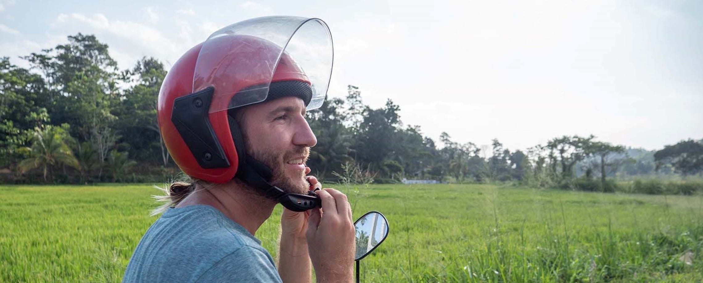 putting on a helmet