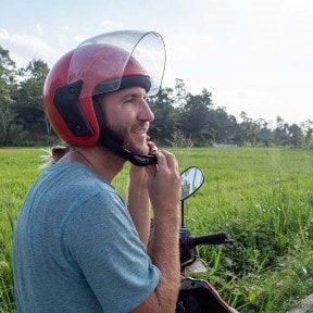 putting on a helmet
