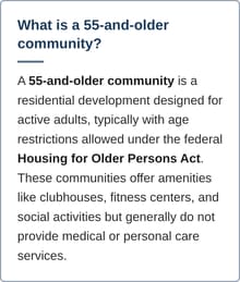 A 55-and-older community is a residential development designed for active adults, typically with age restrictions allowed under the federal Housing for Older Persons Act. These communities offer amenities like clubhouses, fitness centers, and social activities but generally do not provide medical or personal care services.