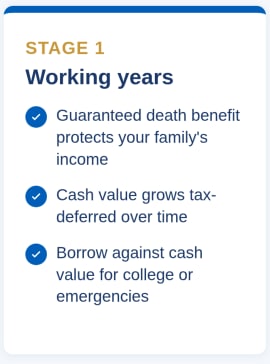 Whole life stage one working years death benefit, cash value.