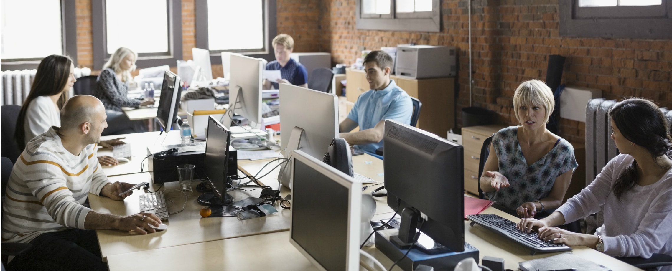 Seven workers at their desks and computers in an open plan office