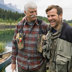 Two outdoorsmen by lake in the mountains