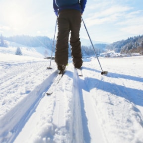 Cross country skier making straight tracks in deep snow